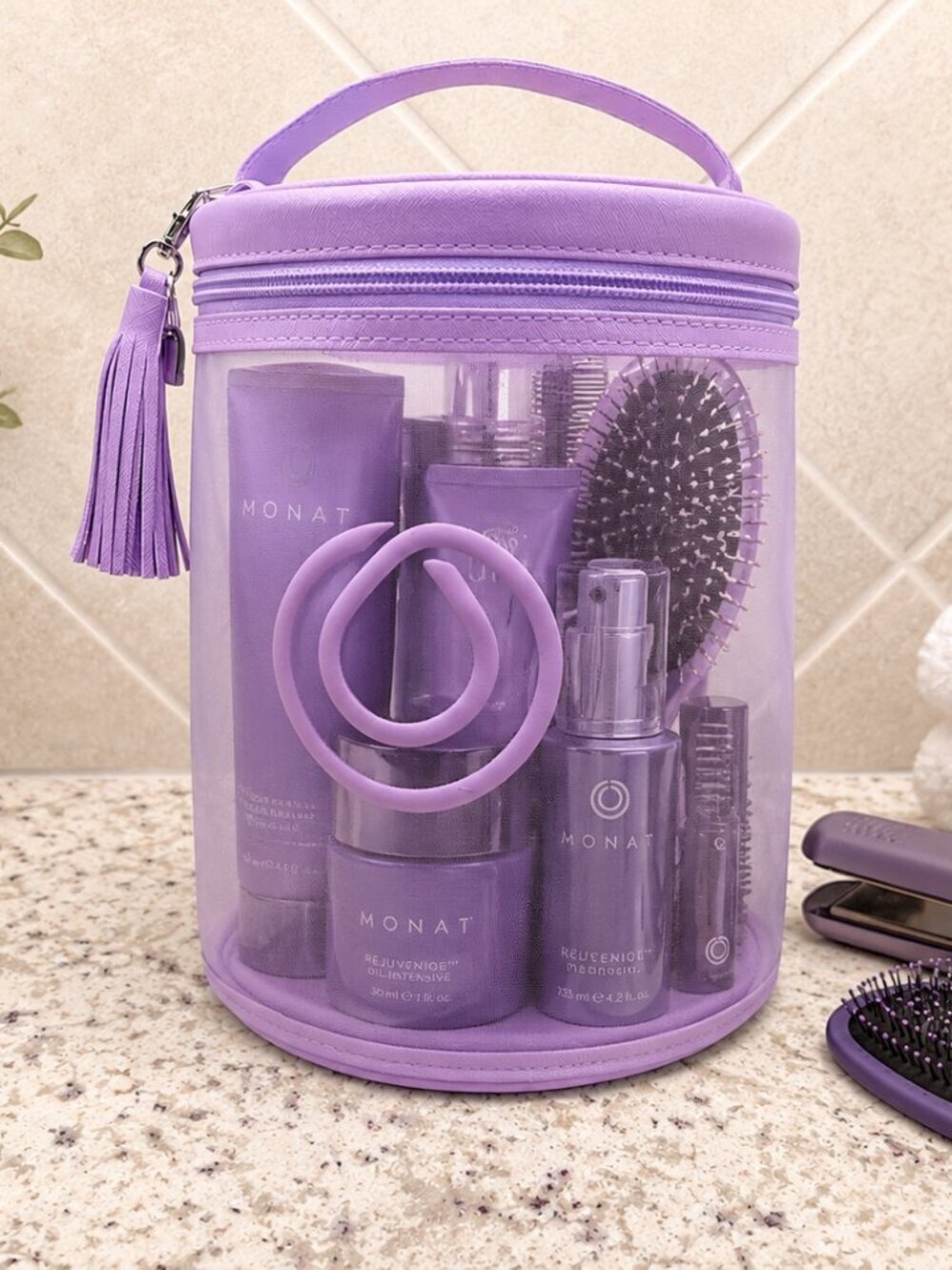 MONAT Hair Products & Tools Travel Bag Purple See-Through Top Zip Case Tassels
